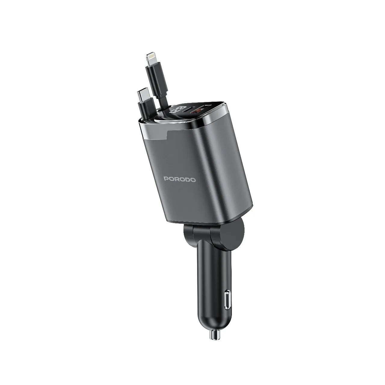 شارژر فندکی 111 وات پرودو به همراه کابل متصل مدل Porodo 111W Car Charger with Lightning & Type-C Retractable Cables PDC46PGY