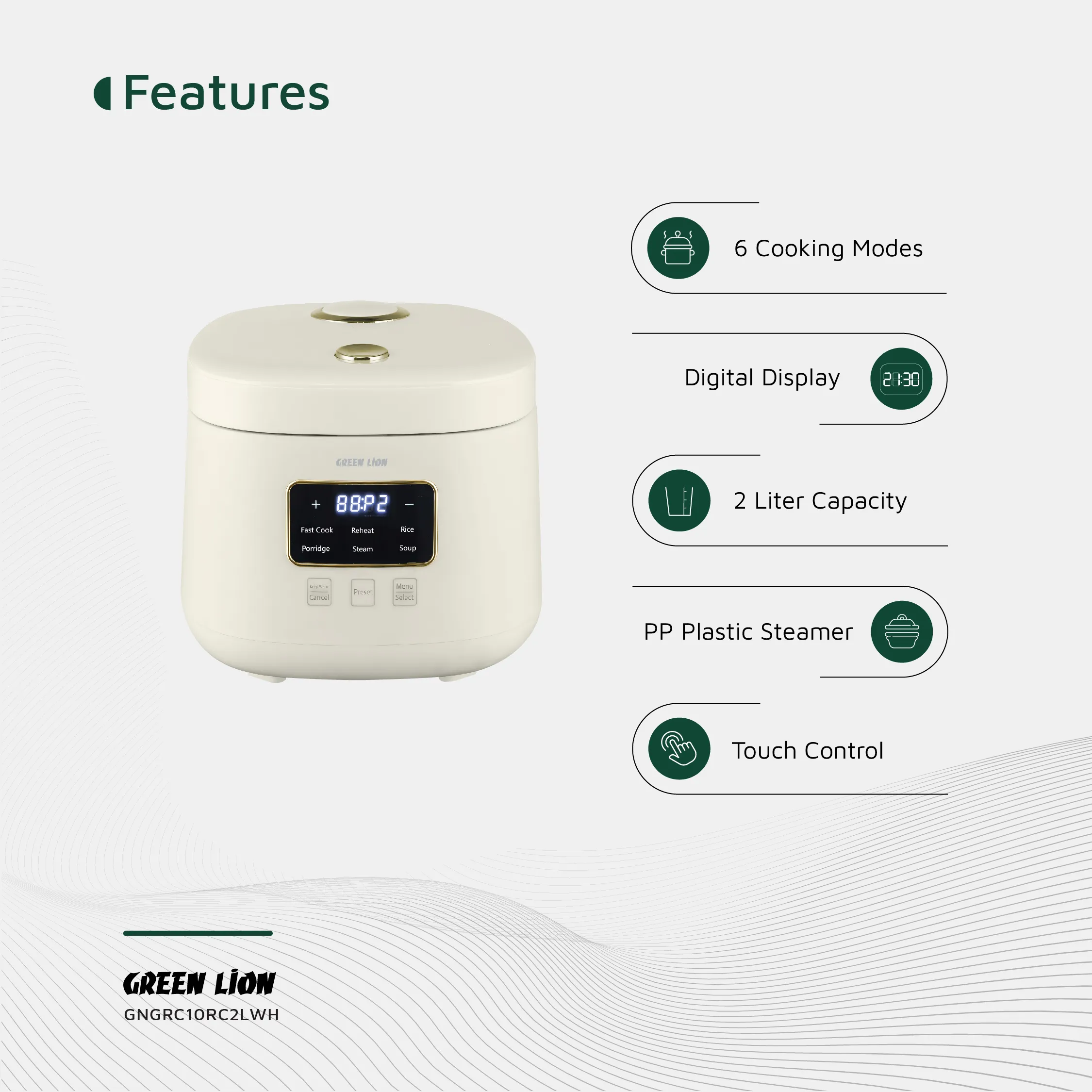 پلوپز 2 لیتری دیجیتال گرین لاین مدل Green Lion GRC-10 Digital Rice Cooker 2L GNGRC10RC2LWH