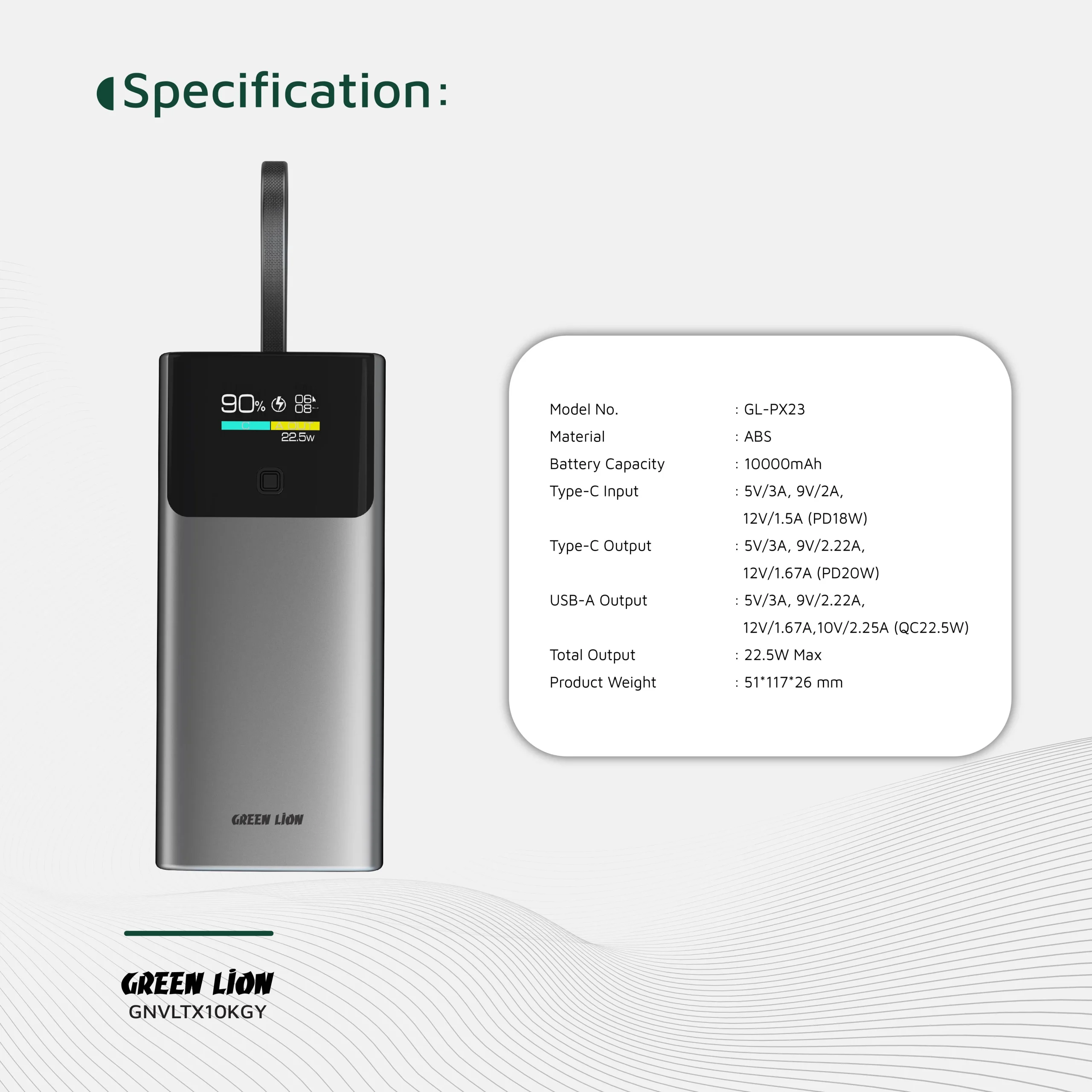 پاوربانک 20 وات 10000 میلیآمپر گرین لاین مدل Green Lion Voltix 10000mAh Power Bank PD20W GNVLTX10KGY