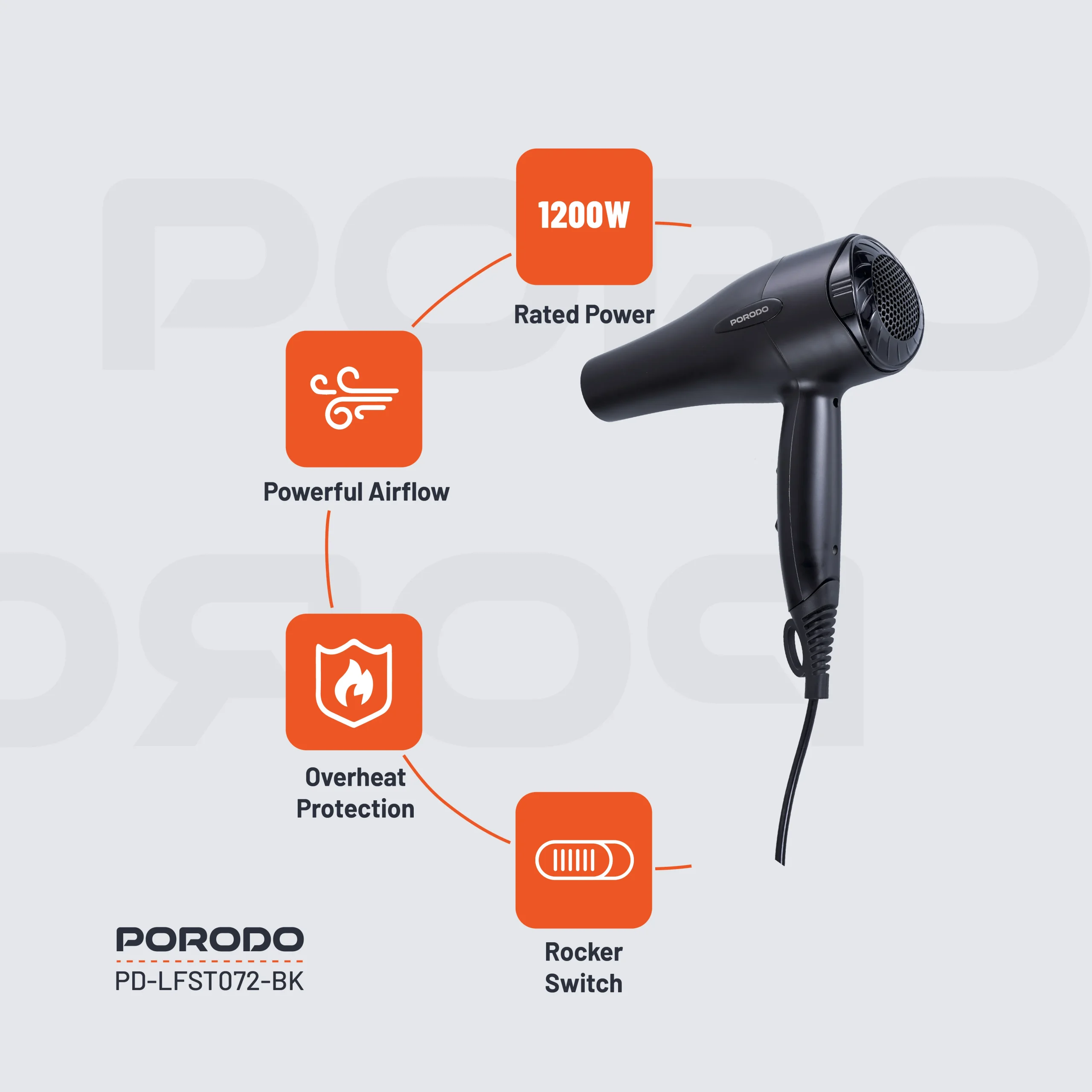 سشوار 1200 واتی پرودو مدل Porodo Lifestyle 1200W Hair Dryer 1.8M Cable PDLFST072BK