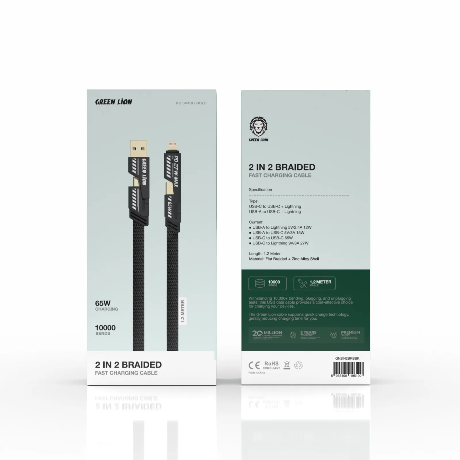 کابل شارژ 1.2 متری چند کاره گرین لاین 65 وات مدل Green Lion 2 in 2 Braided Cable C to C+L and A to C+L 1.2m 65W