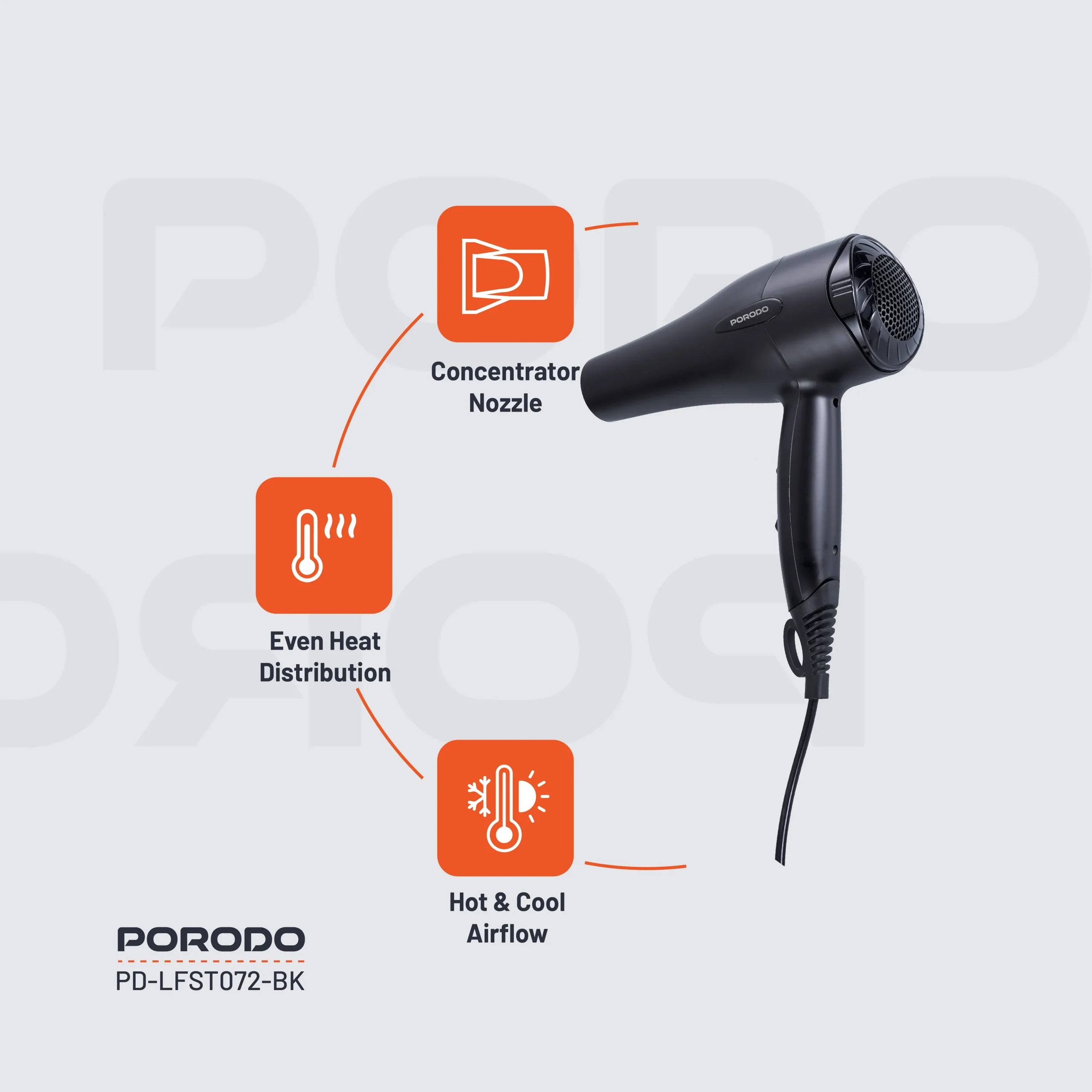 سشوار 1200 واتی پرودو مدل Porodo Lifestyle 1200W Hair Dryer 1.8M Cable PDLFST072BK