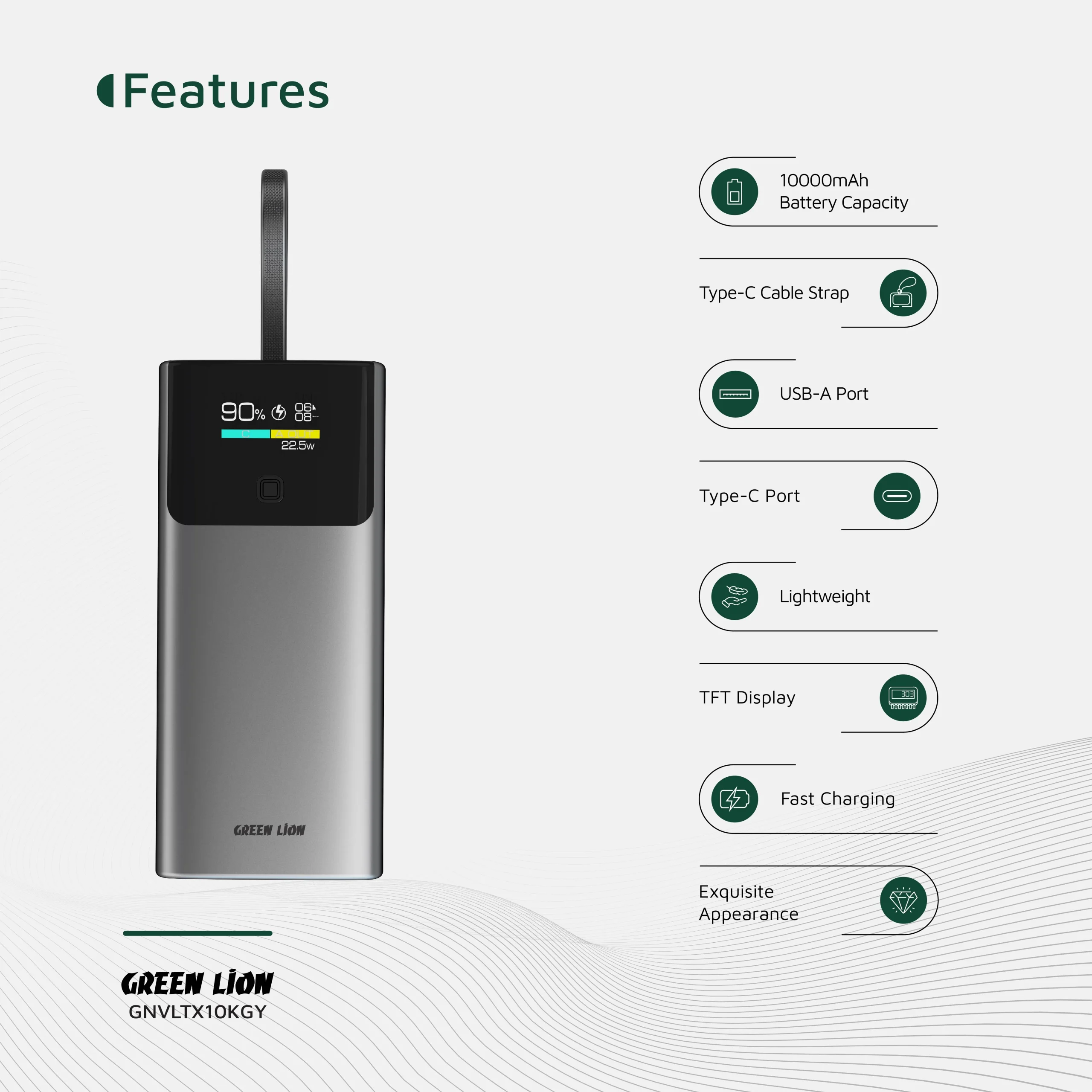 پاوربانک 20 وات 10000 میلیآمپر گرین لاین مدل Green Lion Voltix 10000mAh Power Bank PD20W GNVLTX10KGY