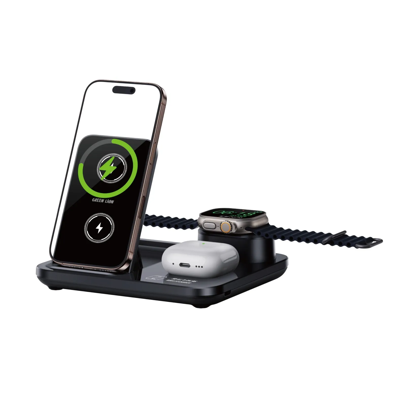 شارژر وایرلس سه کاره گرین لاین مدل Green Lion 3 in1 Multifunctional Wireless Charger GN3IN1MWCBK