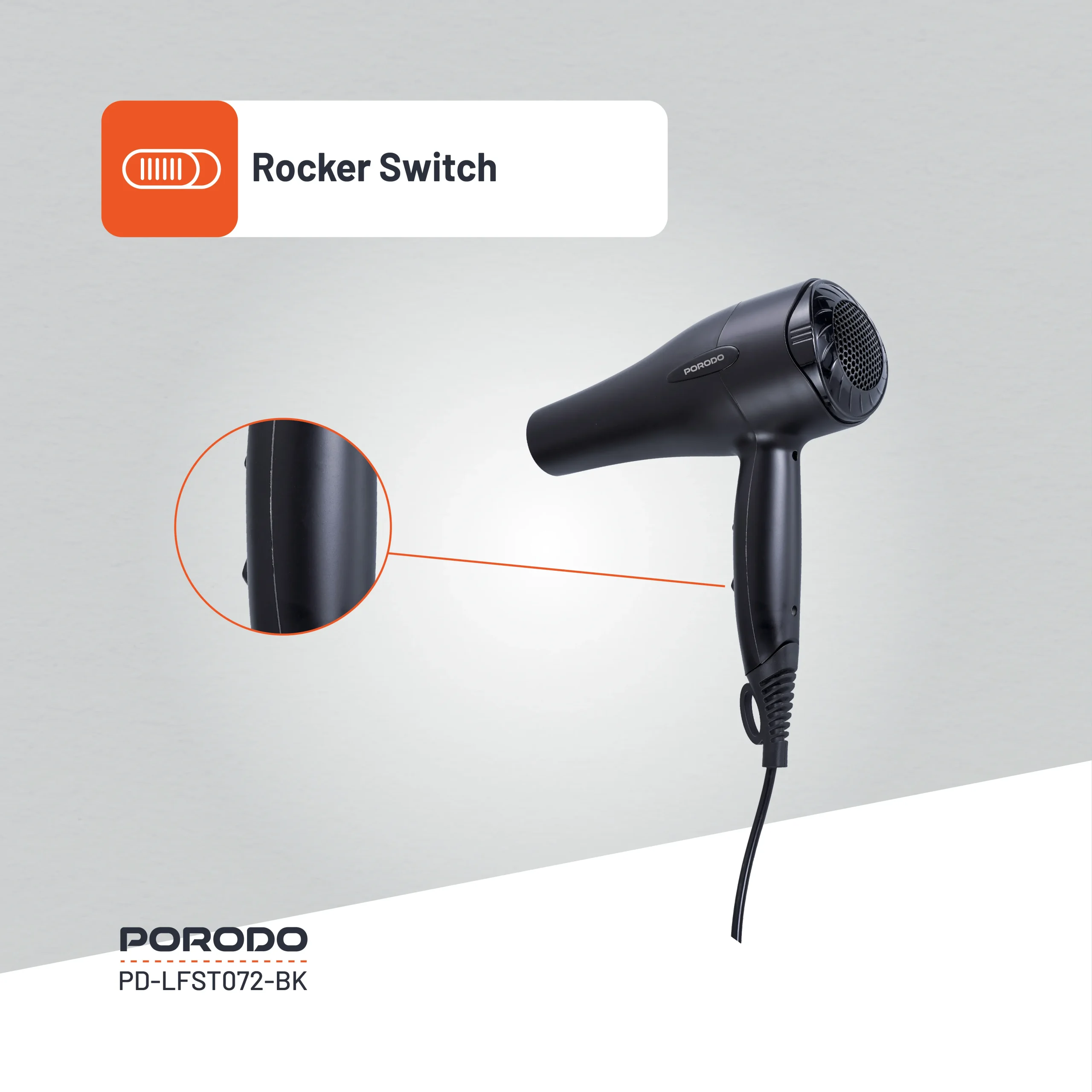 سشوار 1200 واتی پرودو مدل Porodo Lifestyle 1200W Hair Dryer 1.8M Cable PDLFST072BK