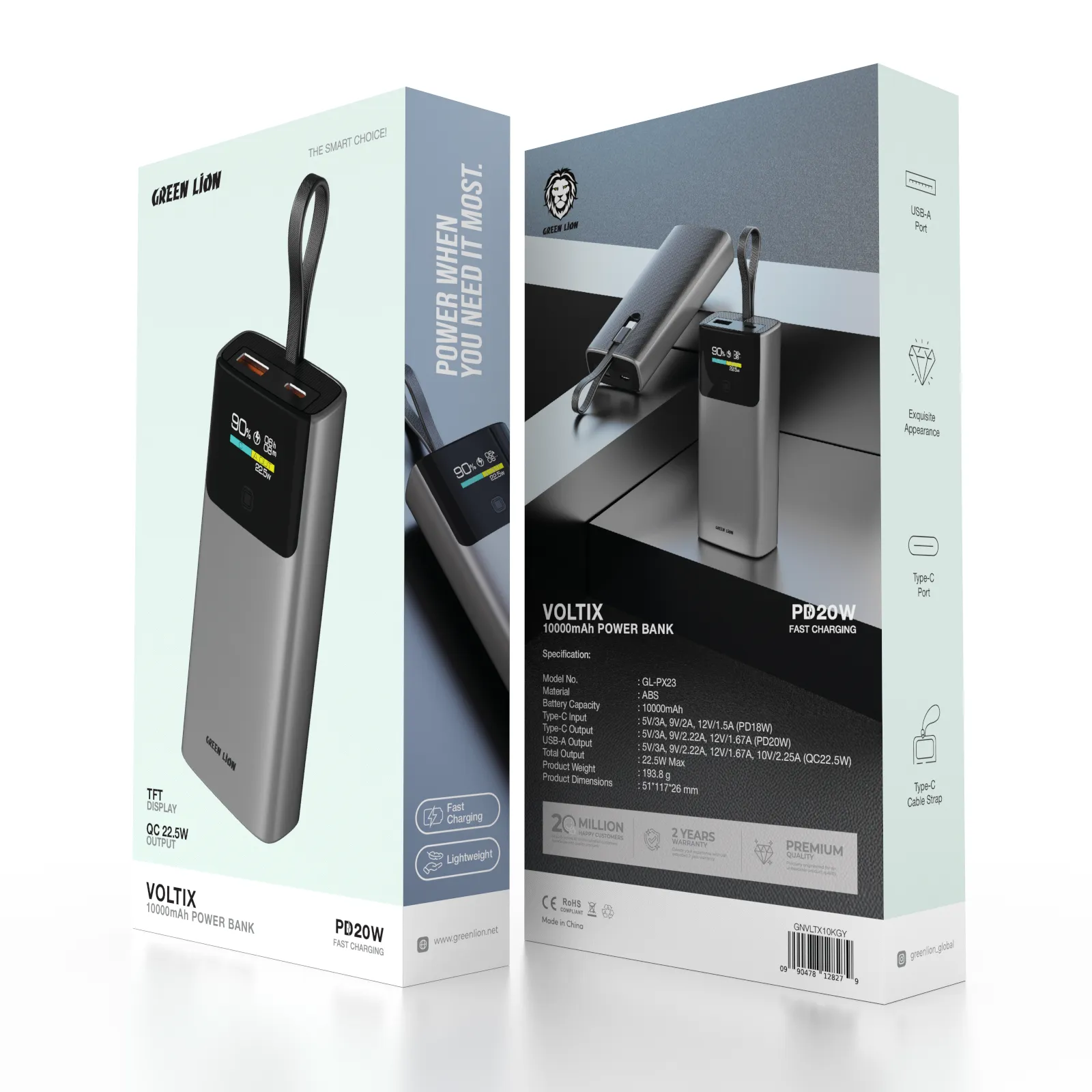 پاوربانک 20 وات 10000 میلیآمپر گرین لاین مدل Green Lion Voltix 10000mAh Power Bank PD20W GNVLTX10KGY