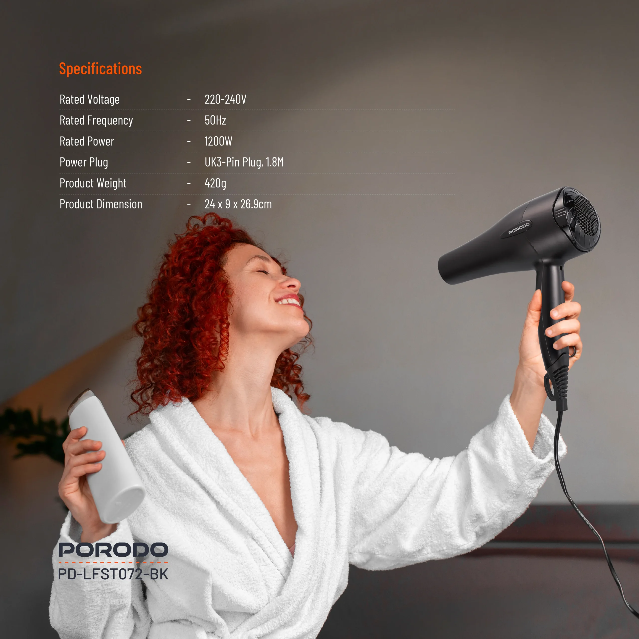 سشوار 1200 واتی پرودو مدل Porodo Lifestyle 1200W Hair Dryer 1.8M Cable PDLFST072BK