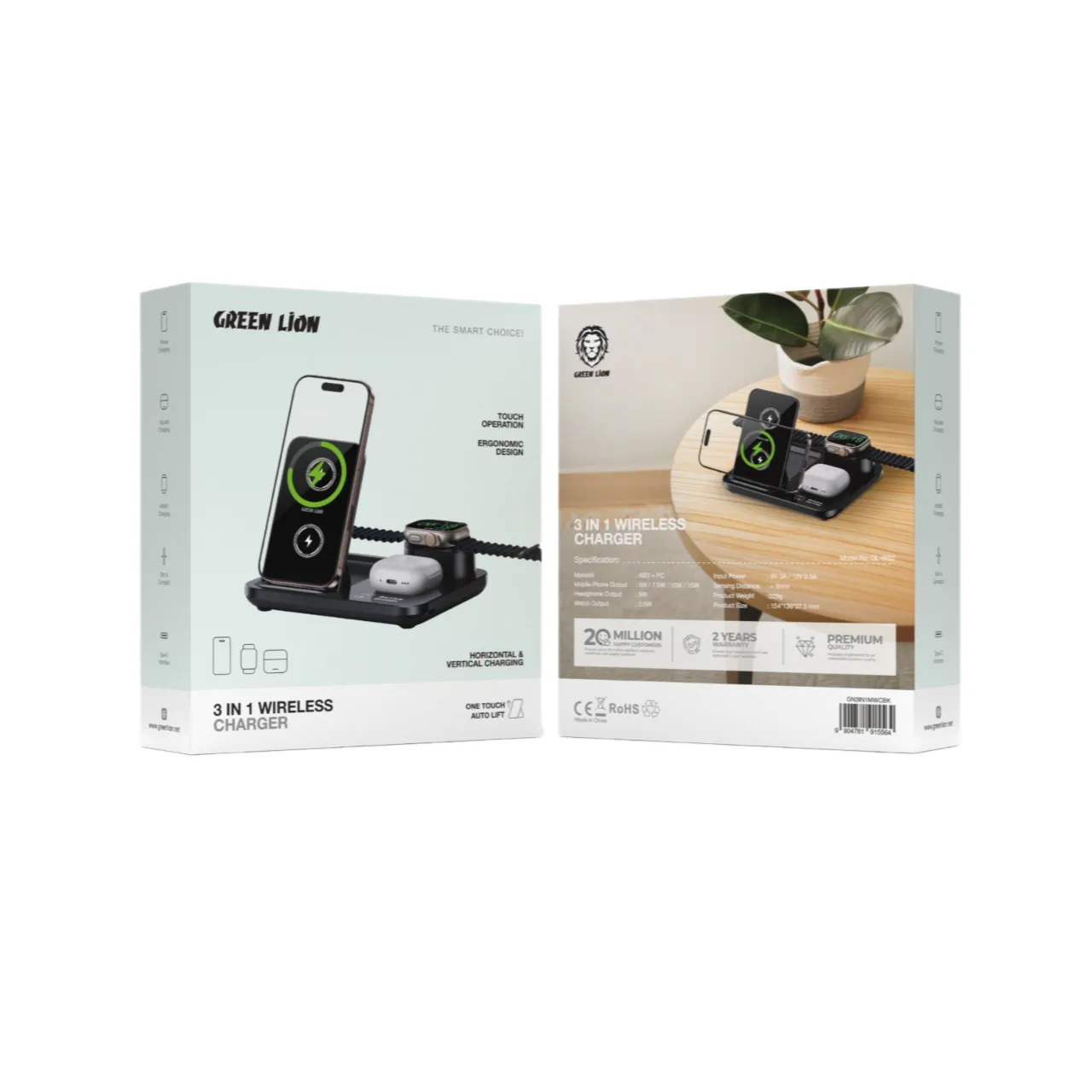 شارژر وایرلس سه کاره گرین لاین مدل Green Lion 3 in1 Multifunctional Wireless Charger GN3IN1MWCBK