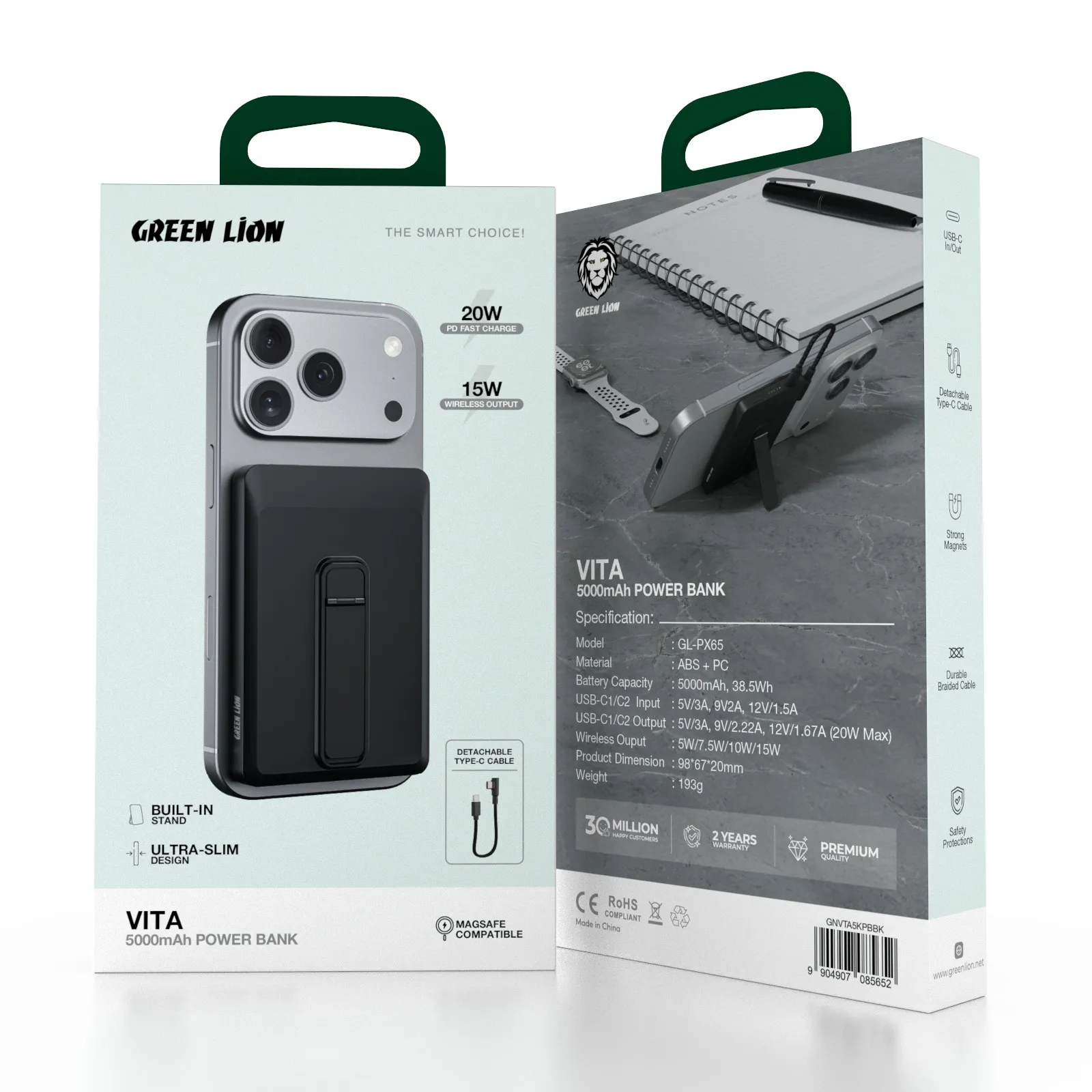 پاور بانک 10000 میلی آمپر 20 وات گرین لاین مدل Green Lion Vita Power Bank GNVTA10KPBBK