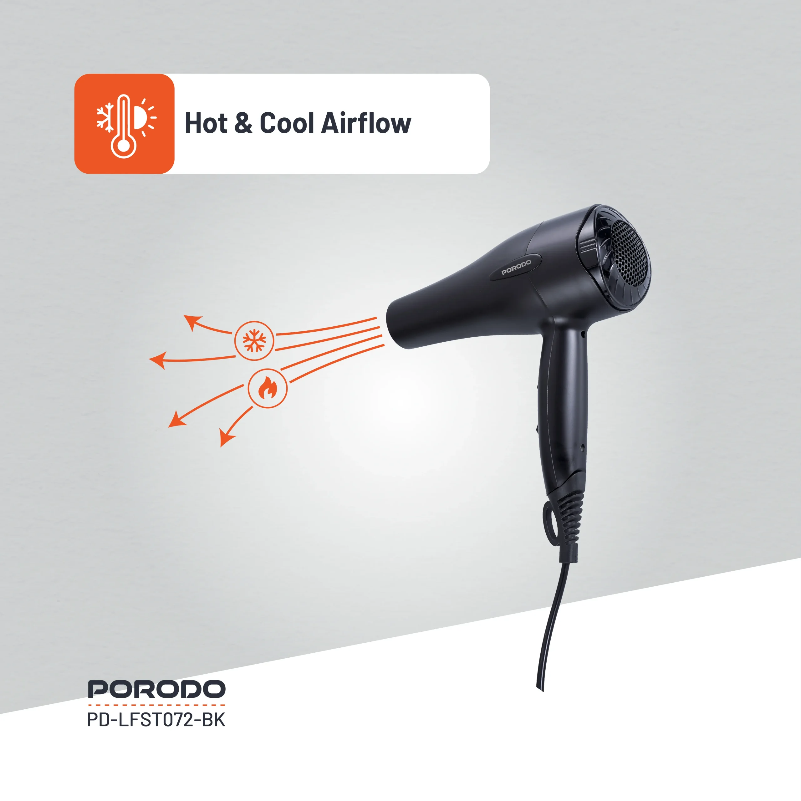 سشوار 1200 واتی پرودو مدل Porodo Lifestyle 1200W Hair Dryer 1.8M Cable PDLFST072BK