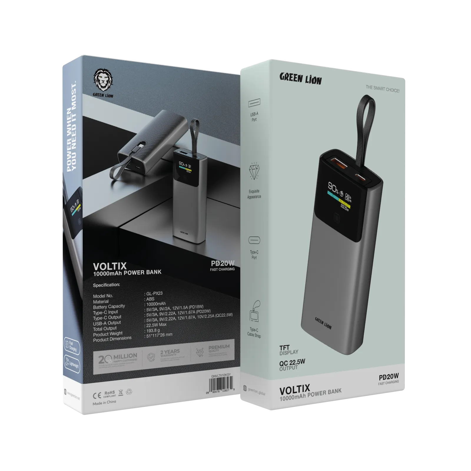 پاوربانک 20 وات 10000 میلیآمپر گرین لاین مدل Green Lion Voltix 10000mAh Power Bank PD20W GNVLTX10KGY