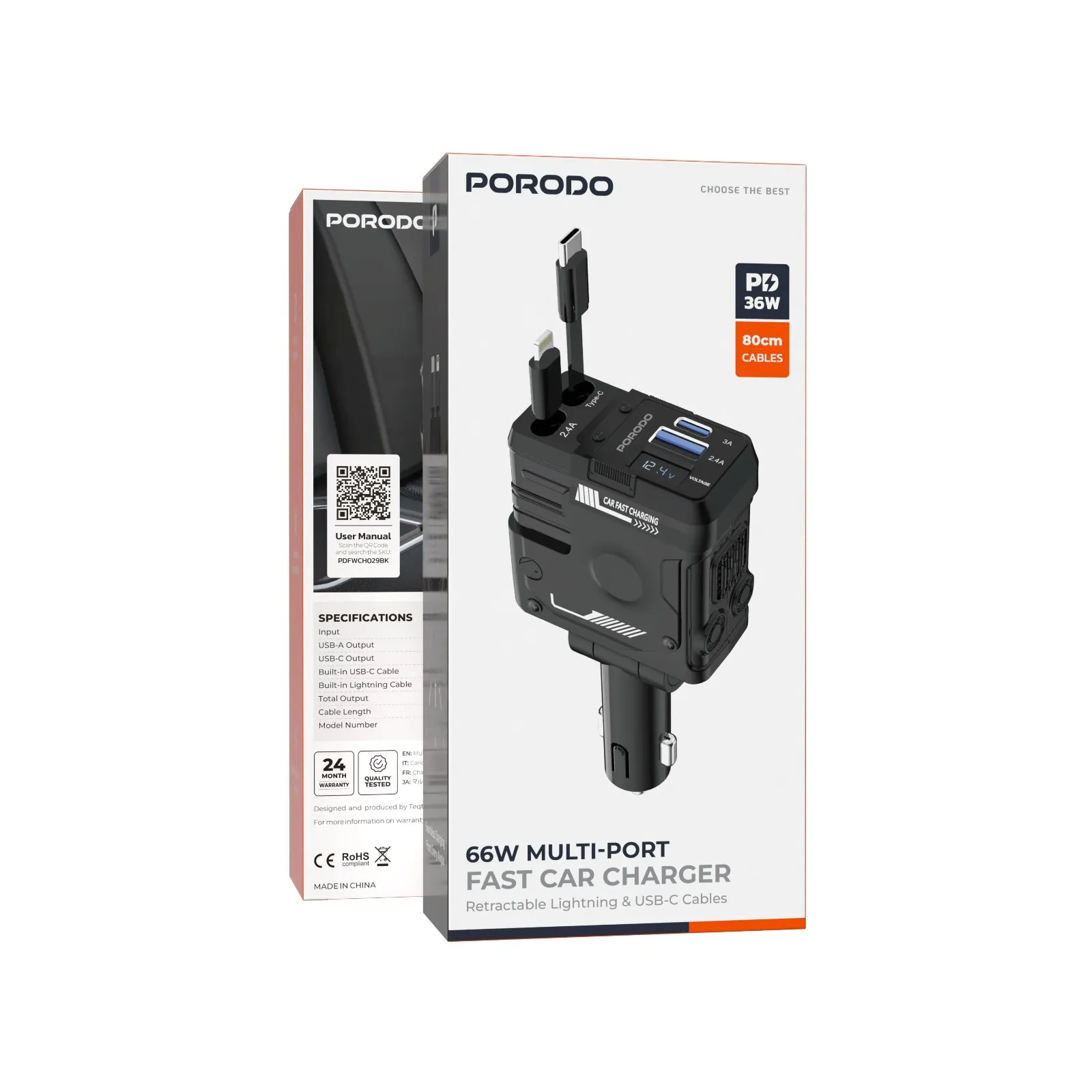 شارژر فندکی 66 وات پرودو به همراه کابل متصل مدل Porodo 66W Car Charger Lightning & Type-C PDFWCH029BK