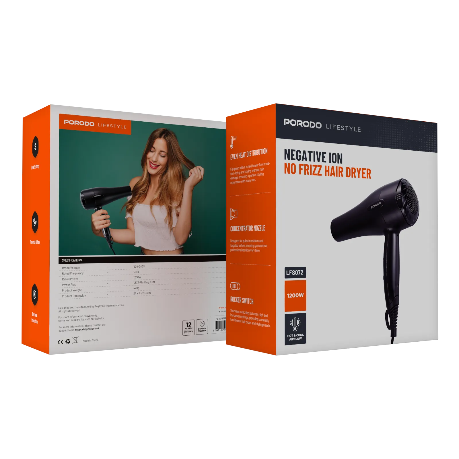 سشوار 1200 واتی پرودو مدل Porodo Lifestyle 1200W Hair Dryer 1.8M Cable PDLFST072BK