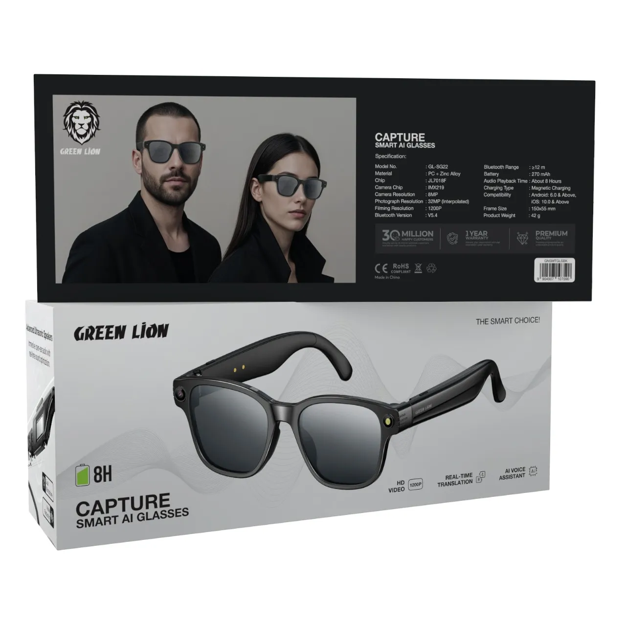 GREEN LION CAPTURE SMART AI GLASSES - BLACK
