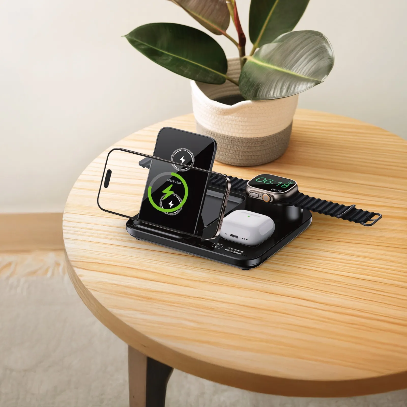 شارژر وایرلس سه کاره گرین لاین مدل Green Lion 3 in1 Multifunctional Wireless Charger GN3IN1MWCBK