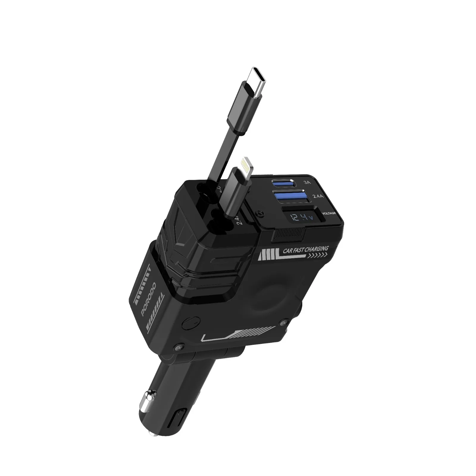 شارژر فندکی 66 وات پرودو به همراه کابل متصل مدل Porodo 66W Car Charger Lightning & Type-C PDFWCH029BK