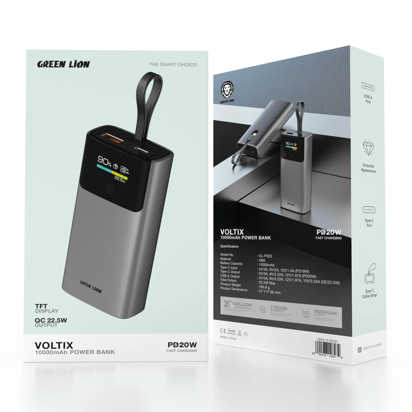 پاوربانک 20 وات 10000 میلیآمپر گرین لاین مدل Green Lion Voltix 10000mAh Power Bank PD20W GNVLTX10KGY