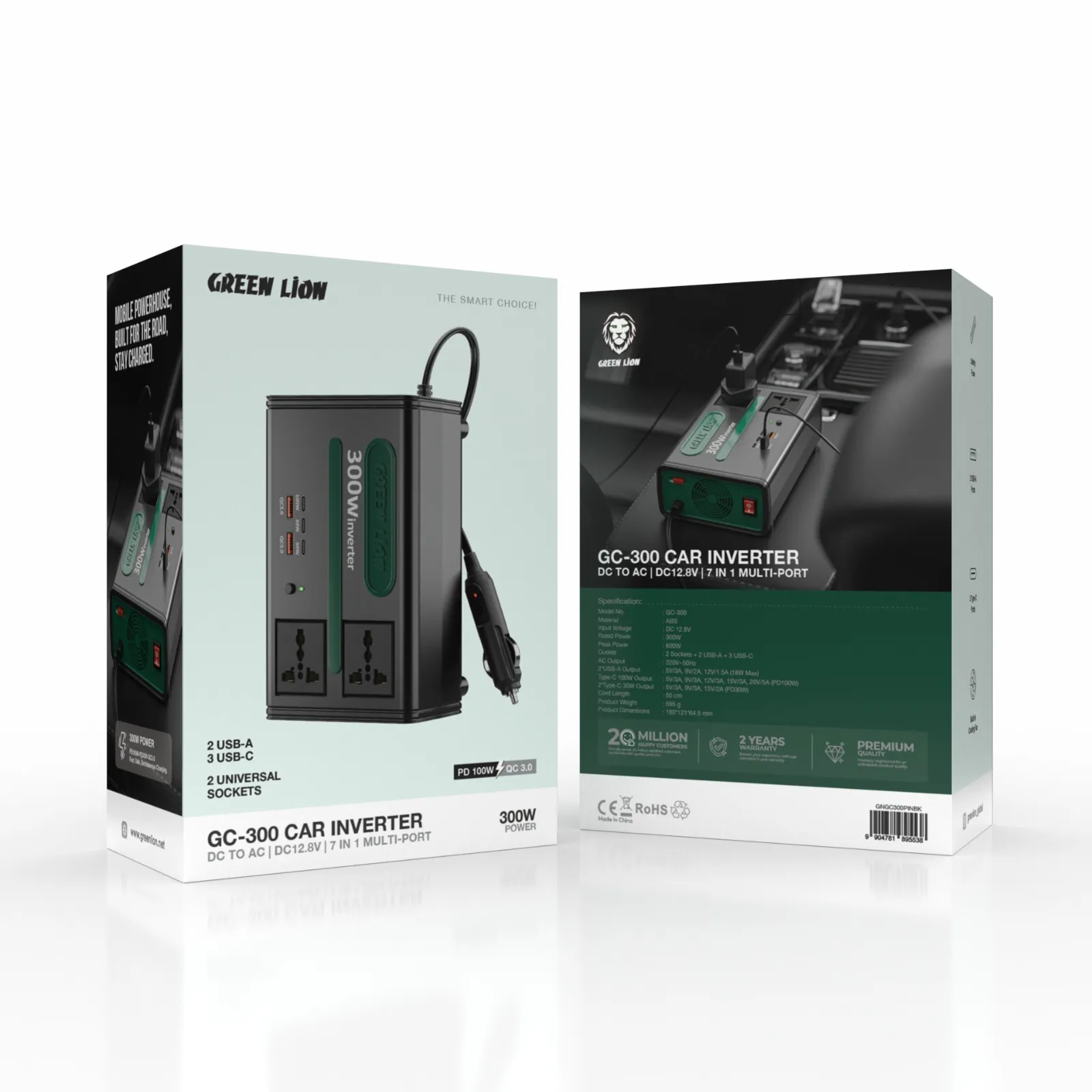اینورتر برق 220 ولت گرین لاین 300 وات مدل Green Lion GC-300 Car Inverter 7-In-1 Multi-Port with DC to AC & DC 12.8V GNGC300PINBK