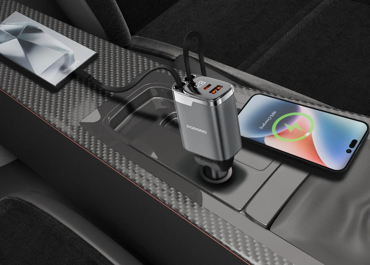 شارژر فندکی 111 وات پرودو به همراه کابل متصل مدل Porodo 111W Car Charger with Lightning & Type-C Retractable Cables PDC46PGY