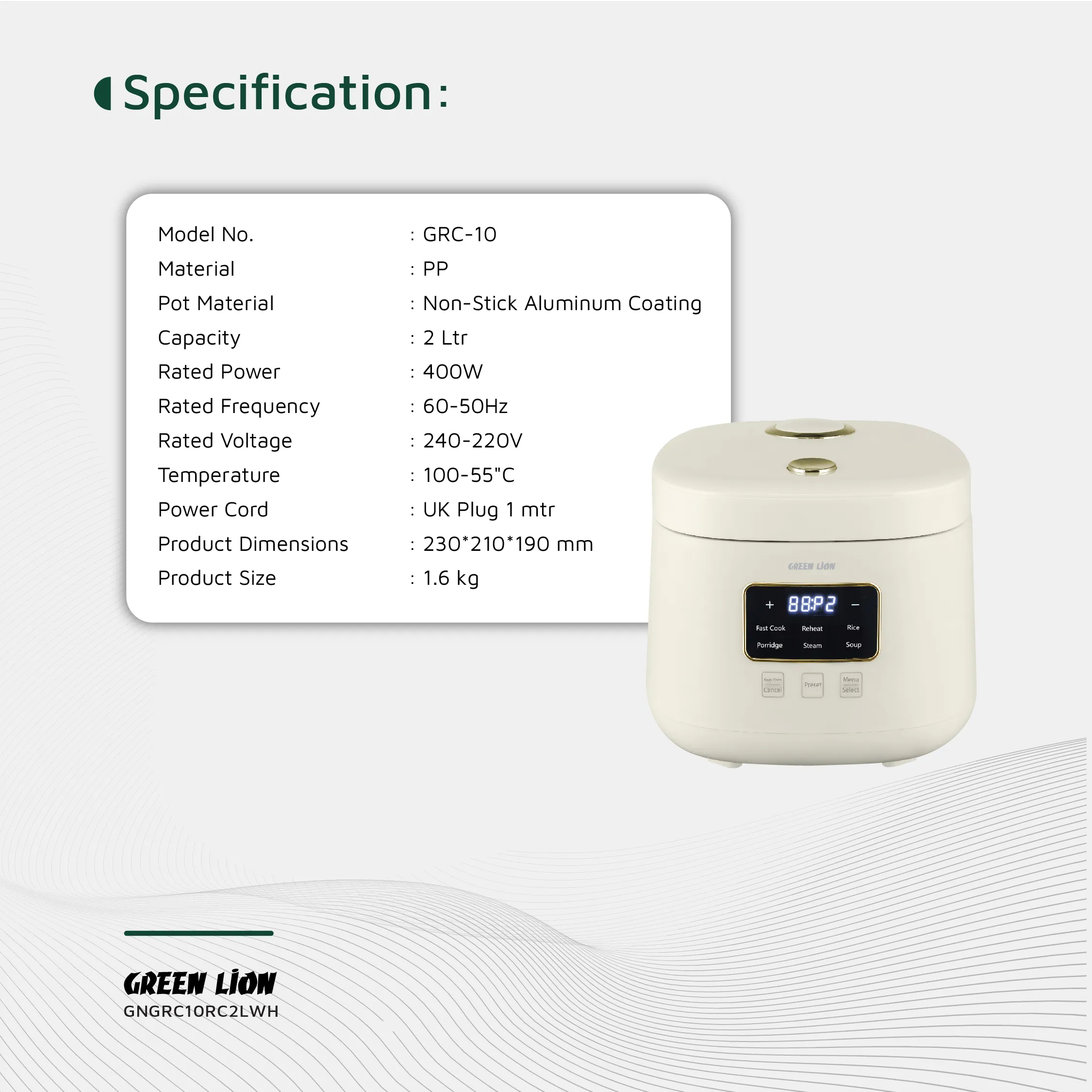 پلوپز 2 لیتری دیجیتال گرین لاین مدل Green Lion GRC-10 Digital Rice Cooker 2L GNGRC10RC2LWH