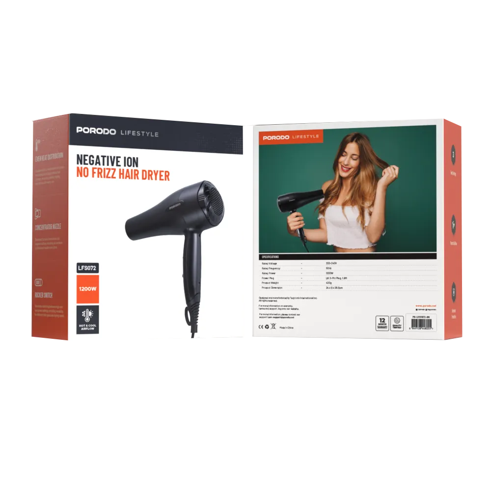 سشوار 1200 واتی پرودو مدل Porodo Lifestyle 1200W Hair Dryer 1.8M Cable PDLFST072BK