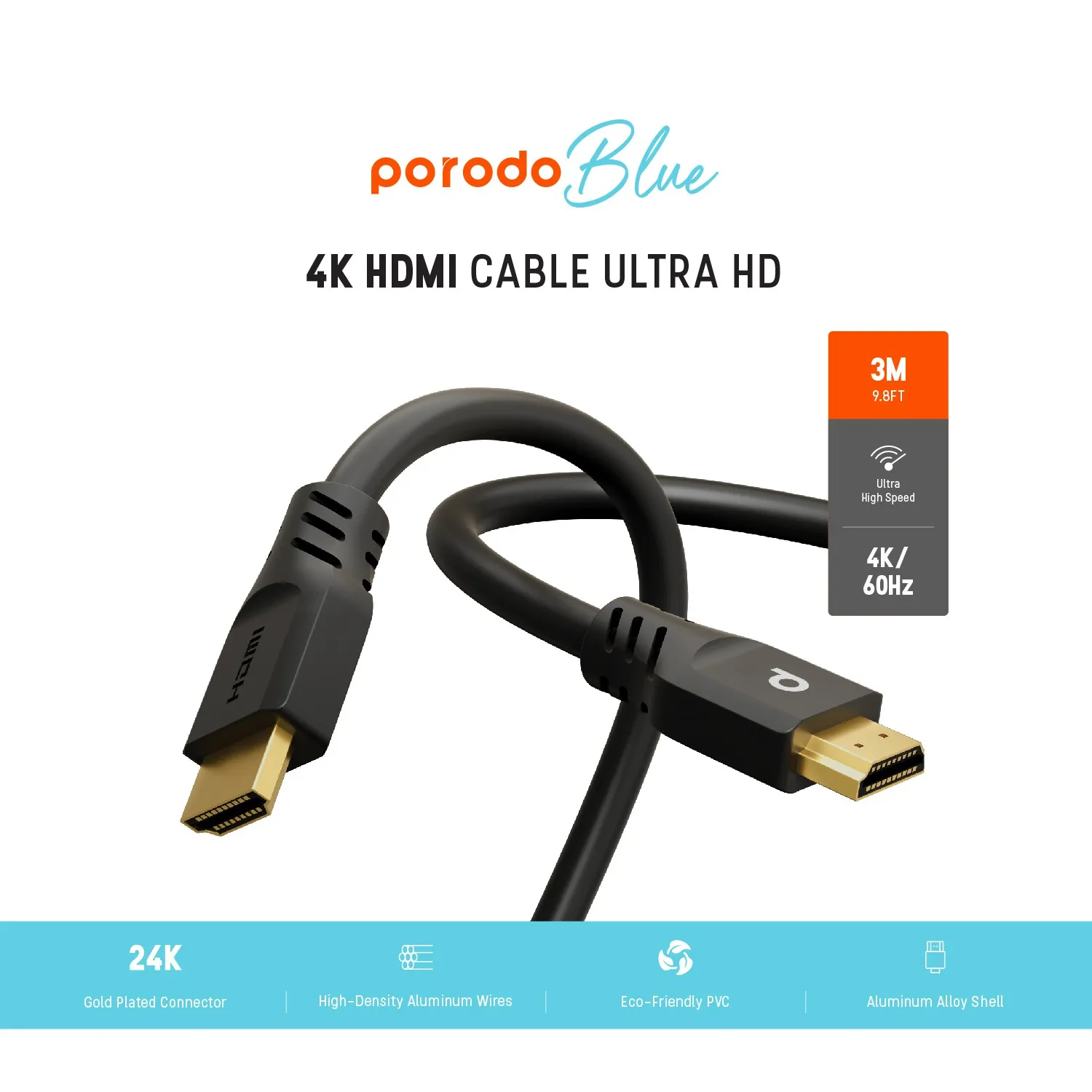 کابل HDMI پرودو 3 متری مدل Porodo Blue 4K/60Hz HDMI Cable Ultra HD PB-HD4K3M-BK