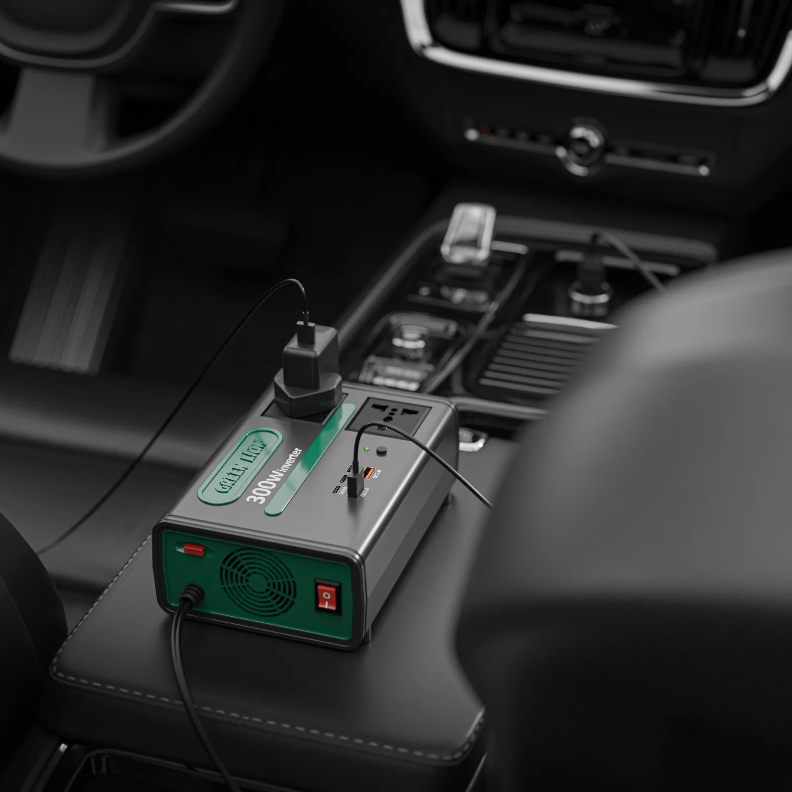 اینورتر برق 220 ولت گرین لاین 300 وات مدل Green Lion GC-300 Car Inverter 7-In-1 Multi-Port with DC to AC & DC 12.8V GNGC300PINBK
