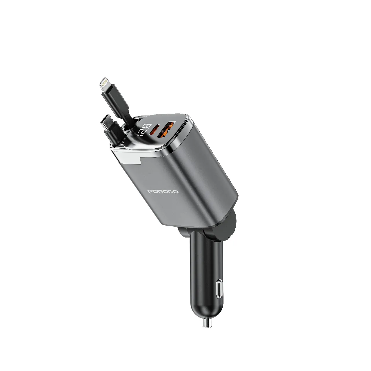 شارژر فندکی 111 وات پرودو به همراه کابل متصل مدل Porodo 111W Car Charger with Lightning & Type-C Retractable Cables PDC46PGY