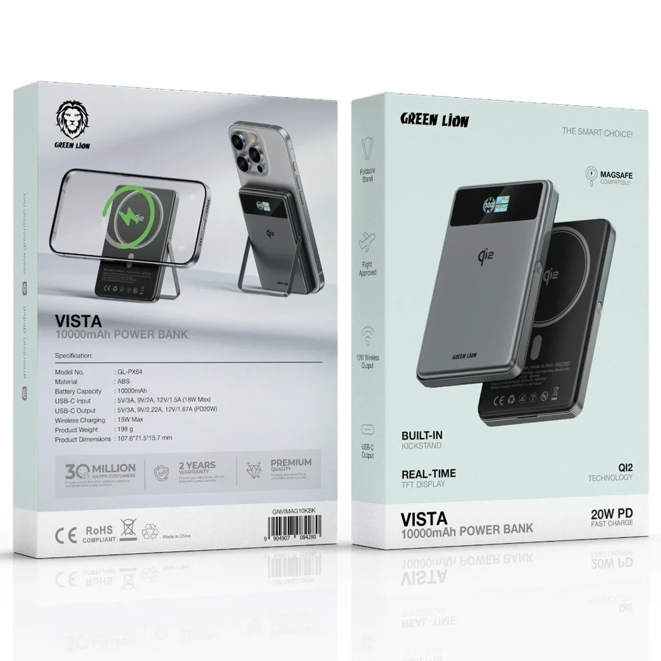 پاور بانک 10000 وایرلس گرین لاین مدل Green Lion VISTA 10000mAh Power Bank GL-PX64 GNVIMAG10KBK