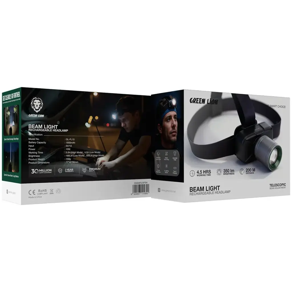 چراغ پیشانی شارژی گرین لاین مدل Beam Light Rechargeable Headlamp GNBMRLMPBK