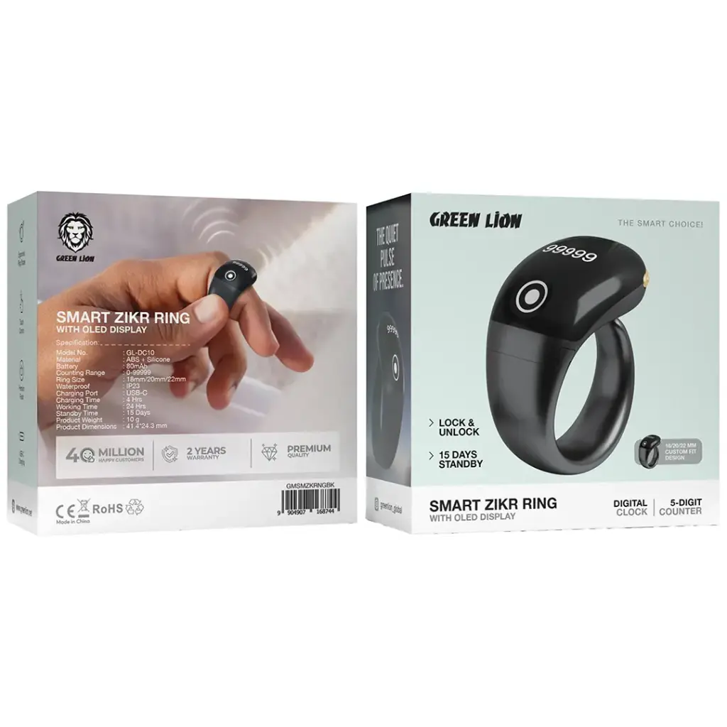انگشتر هوشمند ذکر شمار گرین لاین مدل Green Lion Smart Zikr Ring with OLED Display GMSMZKRNGBK