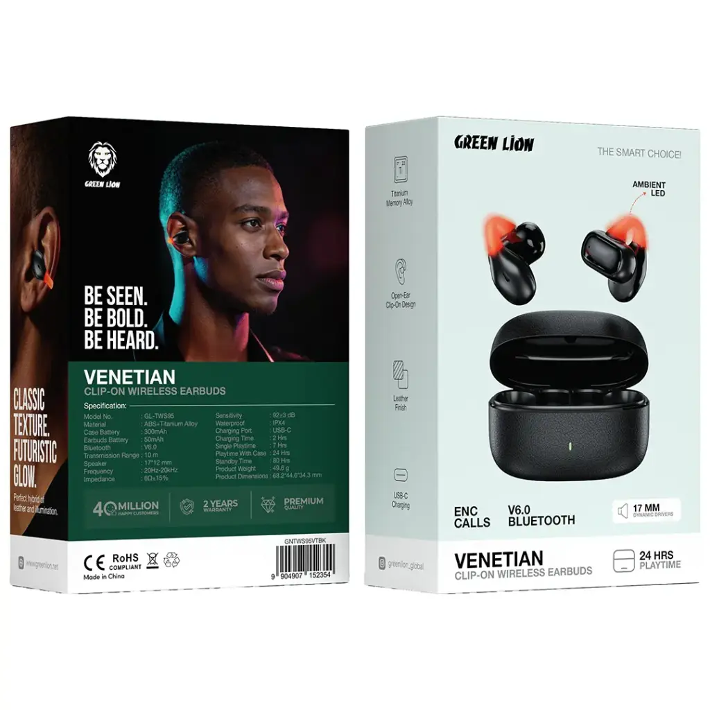 هندزفری بیسیم گرین لاین پشت گوش مدل Green Lion Venetian Clip-On Wireless Earbuds GNTWS95VTBK