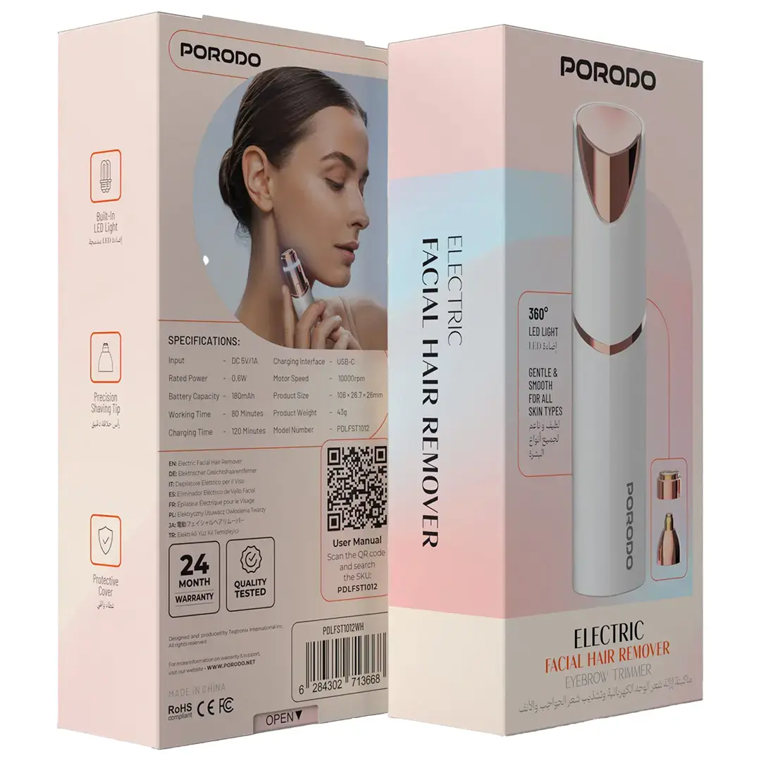 موزن صورت و اصلاح ابرو پورودو مدل Porodo Electric Facial Hair Remove & Eyebrow Trimmer PDLFST1012WH