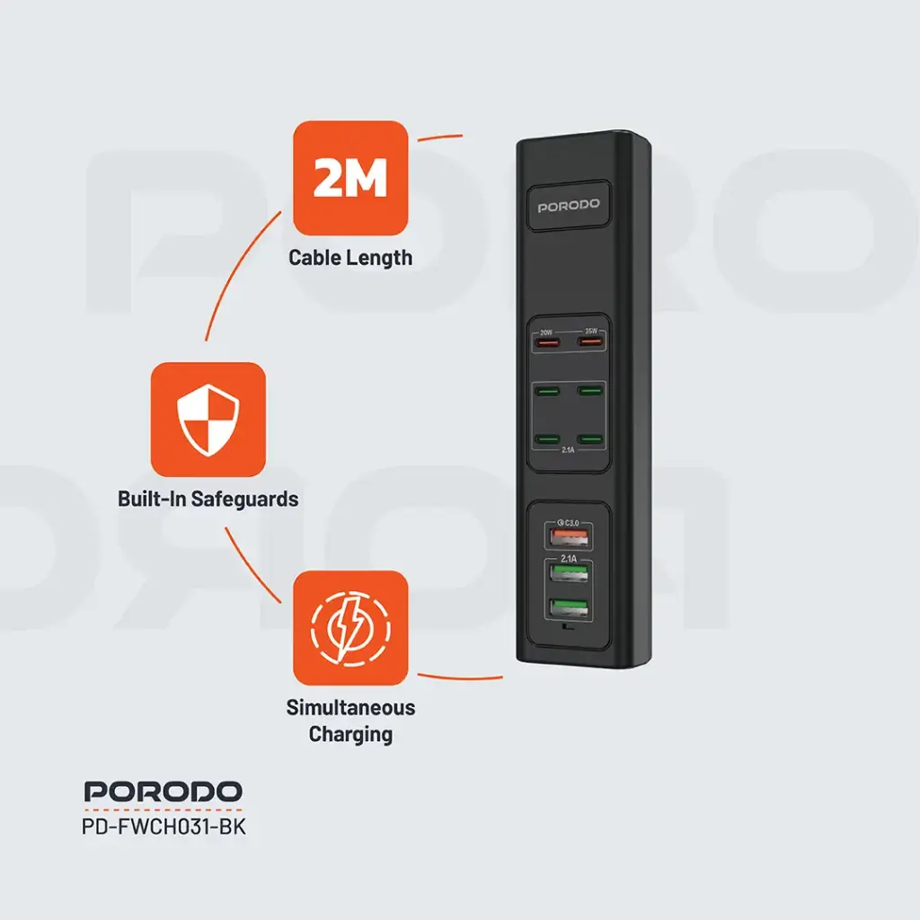 هاب شارژر 85 وات پرودو مدل Porodo 85W Multi-Port USB Charging HUB PD-FWCH031-BK