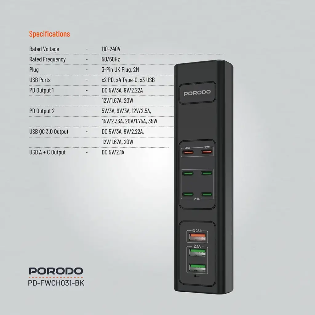 هاب شارژر 85 وات پرودو مدل Porodo 85W Multi-Port USB Charging HUB PD-FWCH031-BK
