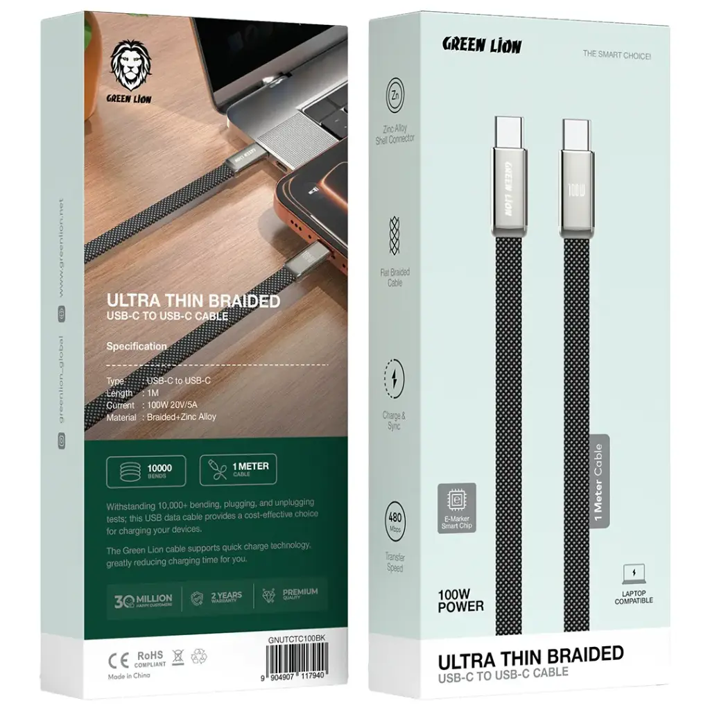 کابل 1 متری دو سر Type-C گرین لاین 100 وات مدل Green Lion Ultra Thin Braided USB-C to USB-C Cable GNUTCTC100BK