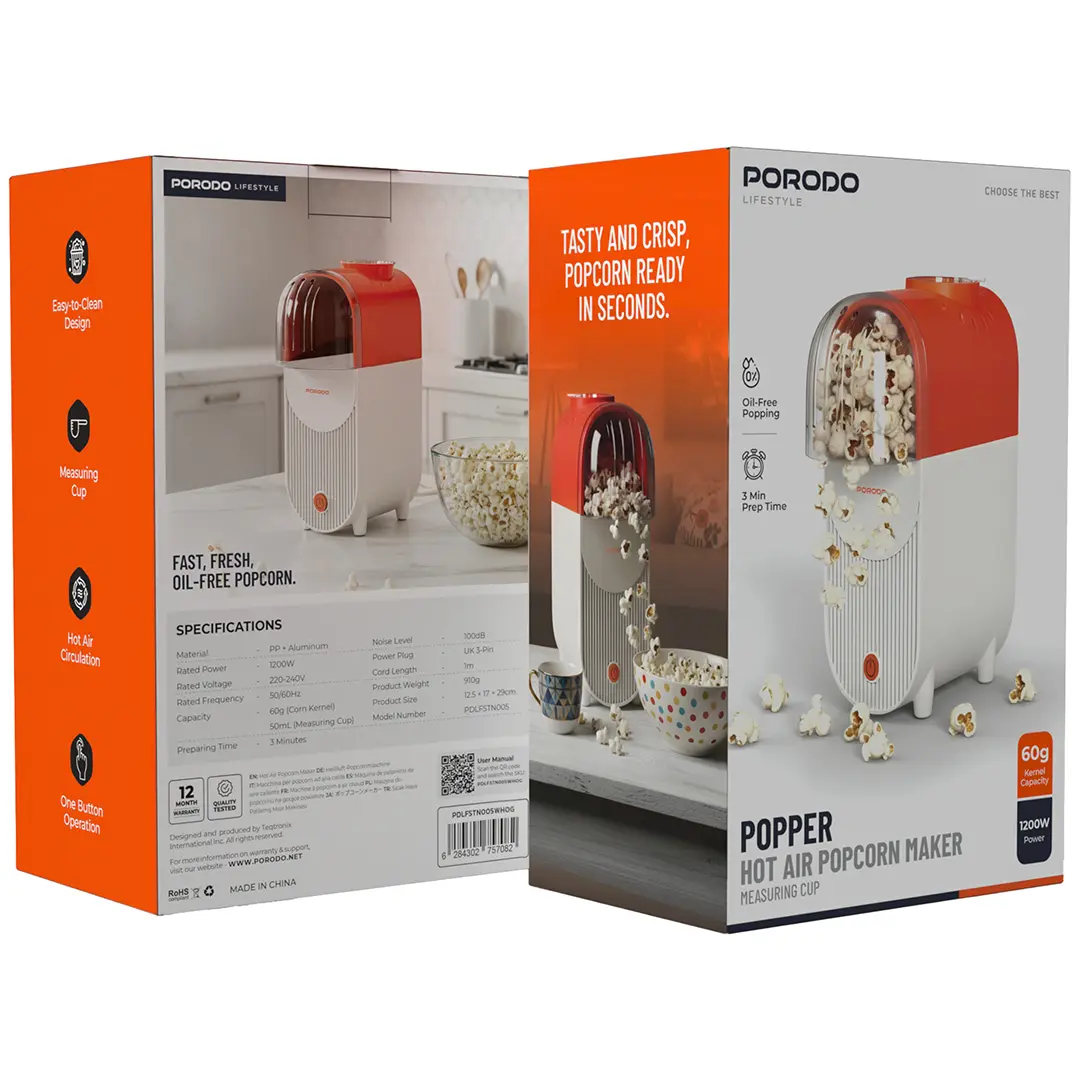 پاپ کورن ساز بدون روغن پرودو مدل Porodo Lifestyle Popper Hot Air Popcorn Maker with Measuring Cup PDLFSTN005WHOG