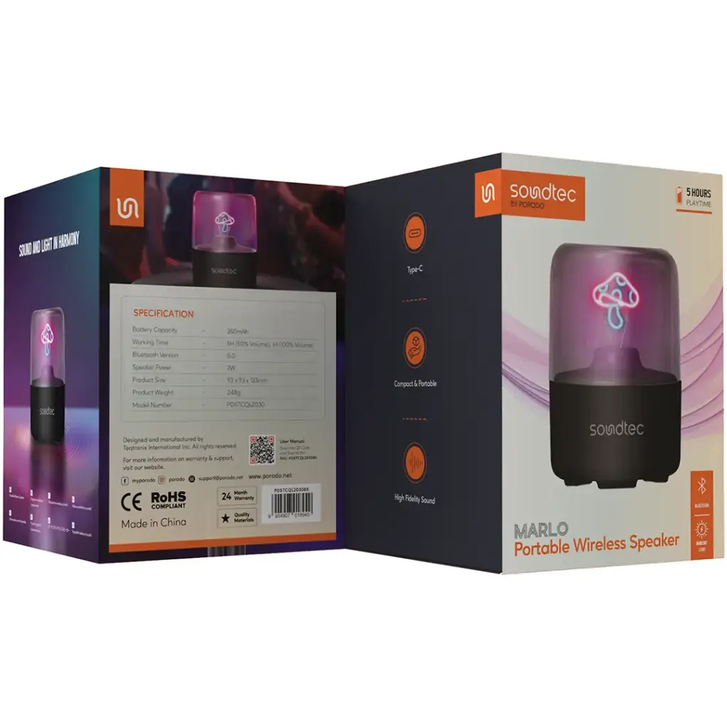 اسپیکر بلوتوثی قابل حمل پرودو مدل Porodo Soundtec Marlo Portable Wireless Speaker PDSTCQL2030BK
