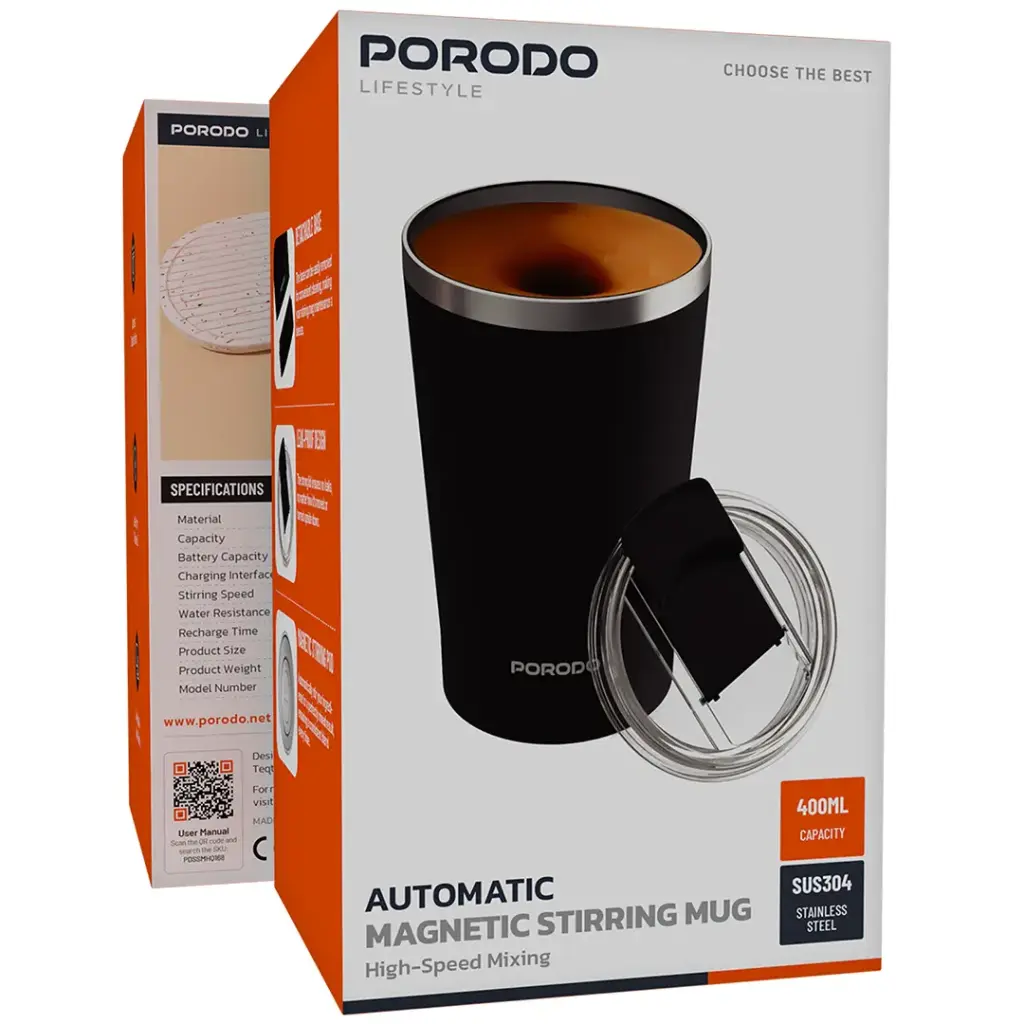 ماگ همزن مغناطیسی شارژی پرودو مدل Porodo Lifestyle Automatic Magnetic Stirring Mug with High-Speed Mixing PDSSMHQ168BK