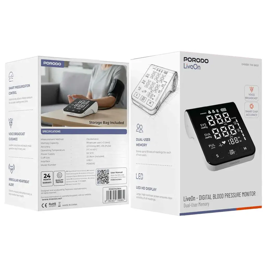 فشارسنج دیجیتال بازویی پرودو مدل Porodo LiveOn - Digital Blood Pressure Monitor with Dual-User Memory PDB01A2WH